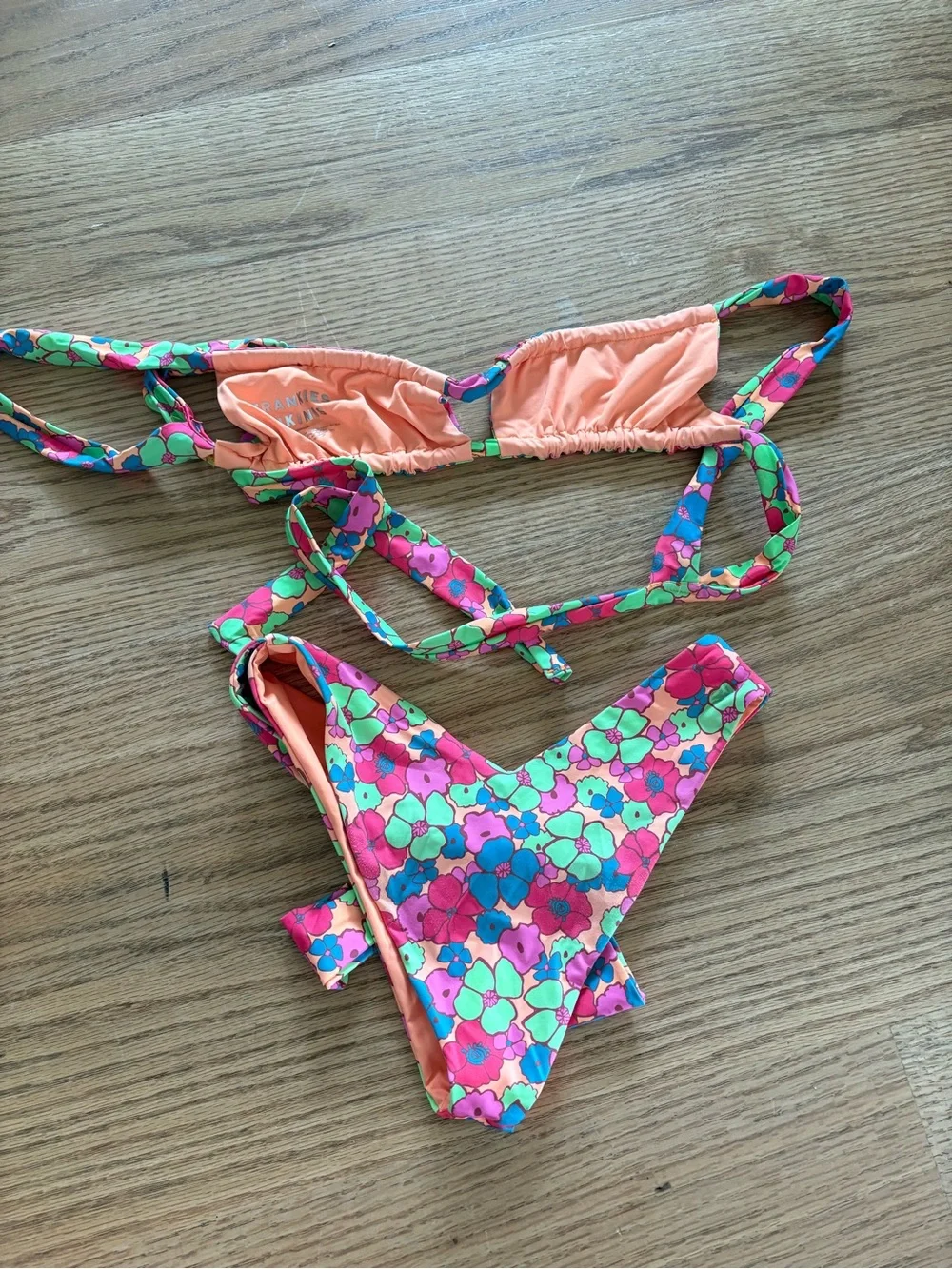 Frankie's Bikinis Peach Floral Trim Bikini Top